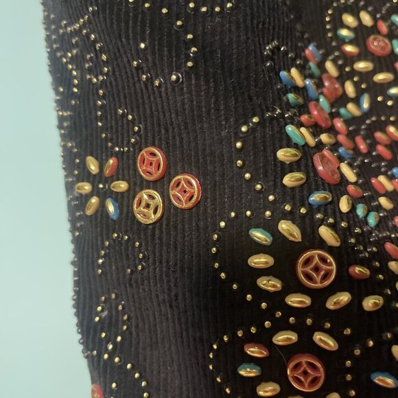 Peacock Vintage Purse Beaded Corduroy Draw String Closure Black Hippie Boho Art - Picture 6 of 13